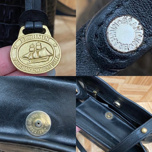 Vintage BRAHMIN Black Embossed Croc Leather Double Strap Bucket Shoulder Bag - Picture 14 of 16